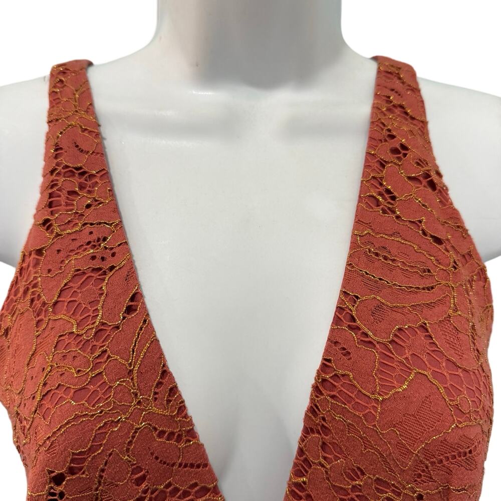 Dress the Population Burnt Orange Gold Lace Tiered V-Neck Midi Dress size S - Picture 15 of 16